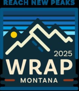 graphic of WRAP logo for 2025 conference with outline of mountain peaks and a rising sun